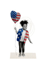 Creative abstract collage image of little kid hold american flag air balloon for 4th july
