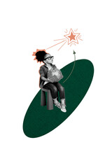 Composite collage trend artwork template design of smart young age small girl sit chair hold globe...