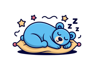 A cute blue teddy bear sleeping peacefully on a yellow pillow with stars and z's around it