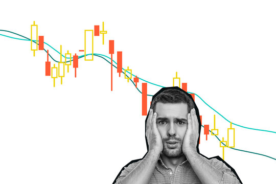 Composite trend artwork 3D sketch image photo collage of&nbsp;workspace stats trader business analyze&nbsp;budget young guy confused upset crisis