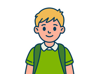 Obraz premium A cheerful cartoon boy with a green backpack and shirt standing happily