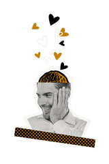 Vertical photo collage of happy man fall love heart icon cut head brain sympathy feelings...