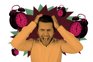 Trend artwork creative sketch 3D photo collage of young man crazy shout overwhelmed hand hold head...