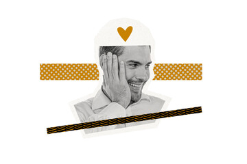Composite photo collage of happy man fall love heart icon cut head sympathy feelings relationships...