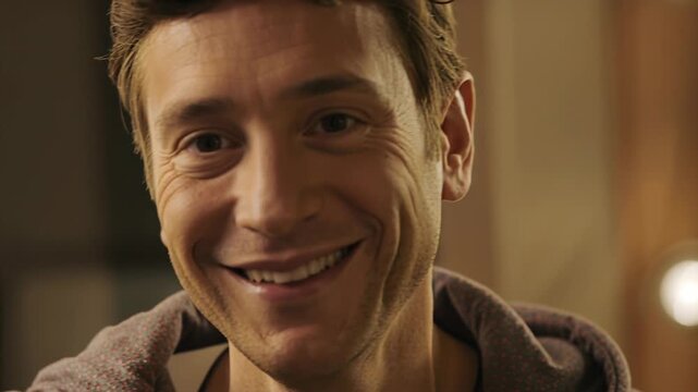Male performer reacting to off-frame cue, turning toward camera, smile widening, backstage bulbs