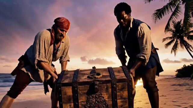 Handheld camera shot of 18th-century pirates digging a hole in the sand to bury a heavy wooden chest on a tropical beach at dusk, dramatic shadows.