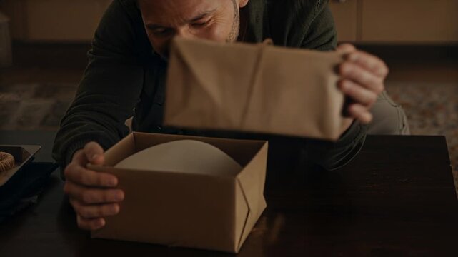 Touching parcel at home, man in dark jacket loosening twine, revealing inner parcel, cookies left