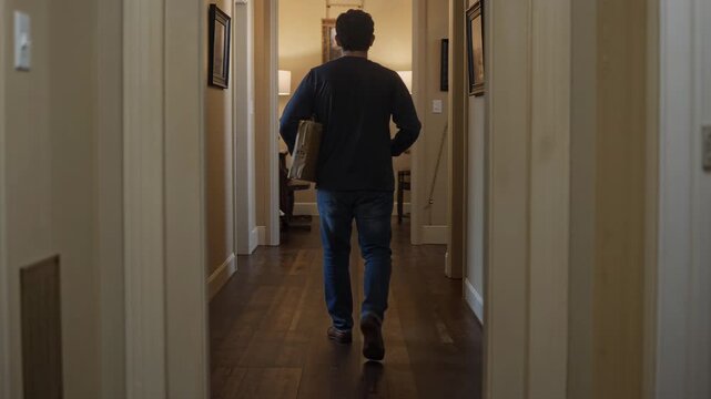 Walking man carrying cardboard box under left arm down home hallway toward open doorway delivering
