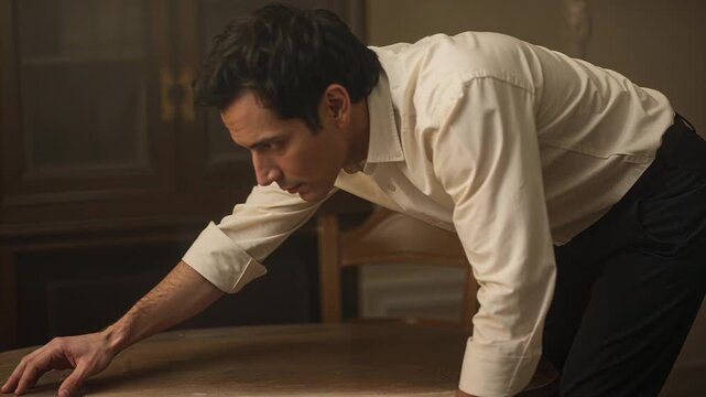 Camera cueing man in light shirt and dark pants leaning over dining room table, inspecting tabletop