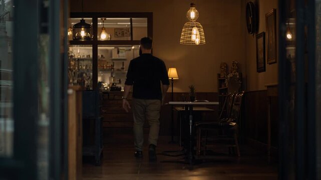 Stepping through glass doors man wearing dark shirt khakis walking toward table under pendant light
