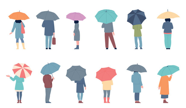 Stand with umbrella. Autumn spring characters holding different umbrellas. Flat men women standing under rain, back view, recent vector set
