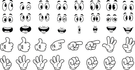 Obraz premium Retro Cartoon Character Creator Kit with Vintage Comic Eyes Mouth Expressions and Gloved Hands Gestures for Animation Design and Vector Illustration