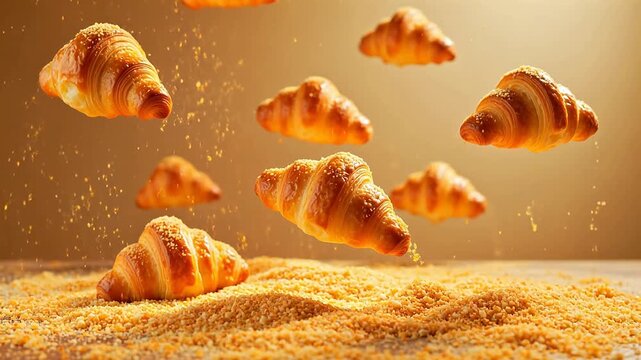 Croissants in mid air with crumbs