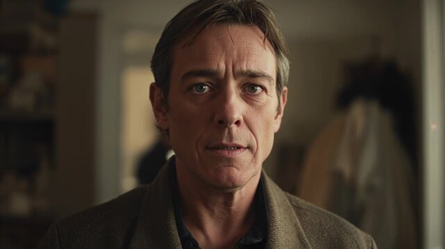 Middle-aged man listening and scanning foyer, animated waveform pointing to doorway for security