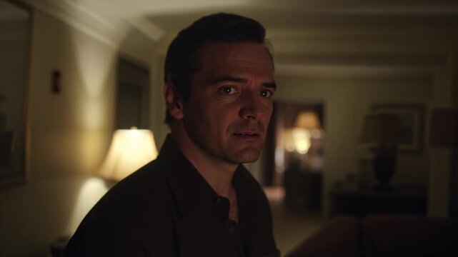 Turning middle-aged man in dark shirt scanning room looking worried in dim room with table lamps