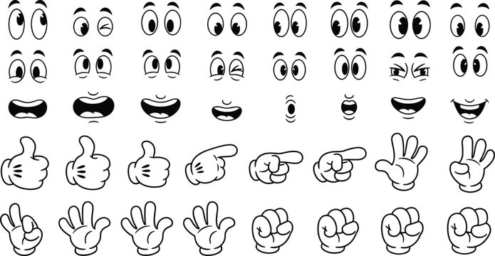 Retro Cartoon Character Creator Kit with Vintage Comic Eyes Mouth Expressions and Gloved Hands Gestures for Animation Design and Vector Illustration