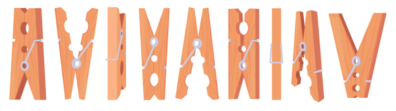 Clothespins. Wooden clothespin different rotations, laundry decorative tools. Household accessories for clothes, clatch for cord, cleaning nowaday vector elements