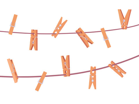 Clothespin on ropes. Wooden clothespins hanging on clothesline. Holders for clean clothes. Laundry accessories, air drying clothes, photo design, nowaday vector elements
