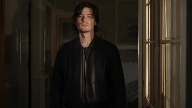 Man looking down bringing hands to zipper, zipping leather jacket for fashion and settling posture