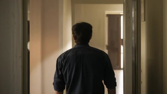 Home tour man walking down hallway to lit room, light drawing him forward pausing turning right