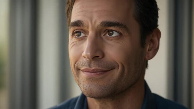 Smiling man tracking off-camera motion near interior window, wearing dark blue collared shirt