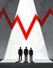 Business team, Silhouttes of men in front of a grunge wall with a red zigzag, symbolizing business challenge, strategy, decision making, risk management, leadership under pressure, illustration