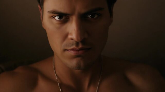 Responding to cue, shirtless man brushing hair, lifting head in dim room, necklace and ring visible