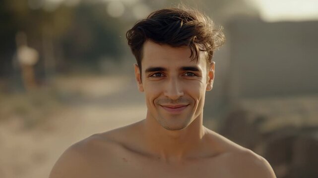 Recording shirtless man smiling at camera and holding eye contact on sandy shore, with rock barrier
