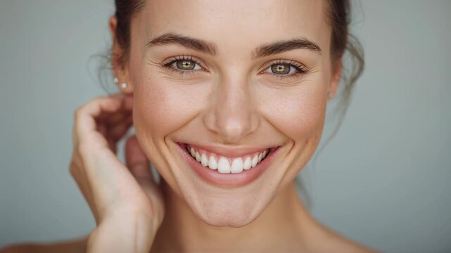 Female model on cue opening eyes, smiling, touching hair, showing pearl studs in beauty portrait