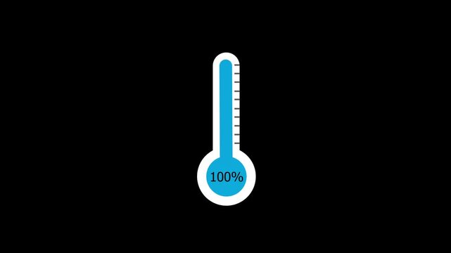 Blue Thermometer Progress Bar Animation with 100 Percent Loading Indicator on Black Background.