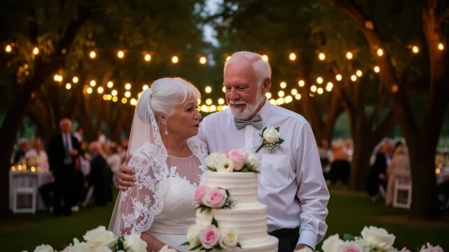Forever Bond: A loving couple stands together, their faces alight with joy as they mark a significant milestone with a delightful cake beneath a canopy of twinkling lights. 
