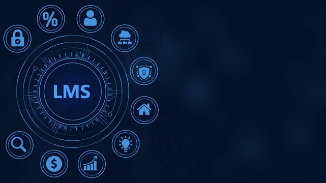 Digital Learning Management System LMS Interface with Icons and Data Visualization on Dark Blue Background Keywords: LMS, learning management system, education, online learning