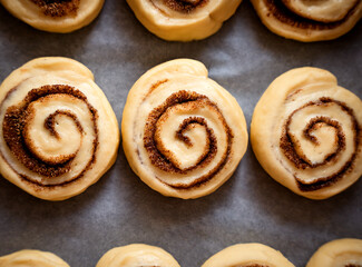 Fototapeta premium Homemade cinnamon rolls in preparation stage. Traditional home pastry making. Easter baking concept. Top view. Close-up. Selective focus.