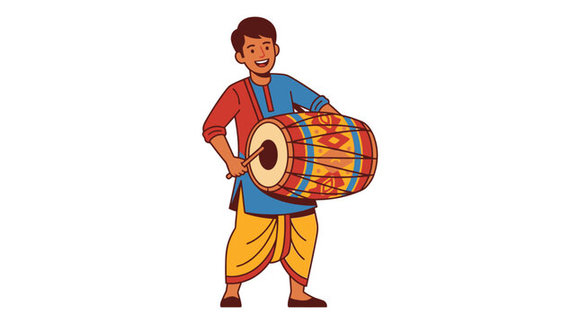 Man playing traditional dhak drum in a cultural setting
