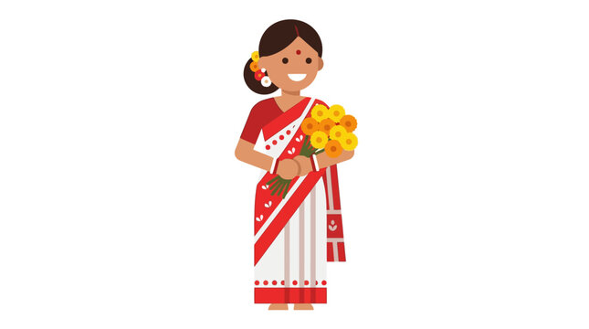 Woman in traditional attire holding marigold flowers in a cultural setting