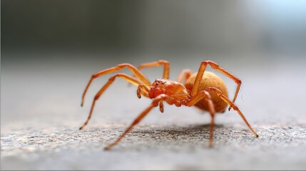Detailed macro shot of an orange spider with delicate legs and intricate body segments on a textured surface