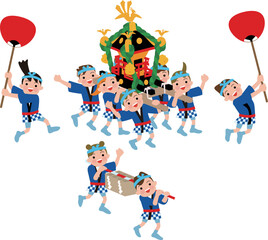 日本の伝統行事。お神輿、賽銭箱を担ぐ子供たちのイラスト