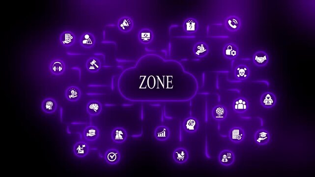 Cloud Zone Concept with Various Business and Technology cloud computing business technology symbols purple neon background