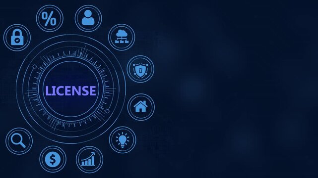 License Management Interface with Icons Depicting Business and Financial Processes on a Dark Blue Background