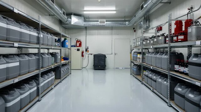 Medium shot of a ventilated storage room with solvent containers neatly arranged emphasizing safety protocols and controlled environment for flammable liquids.