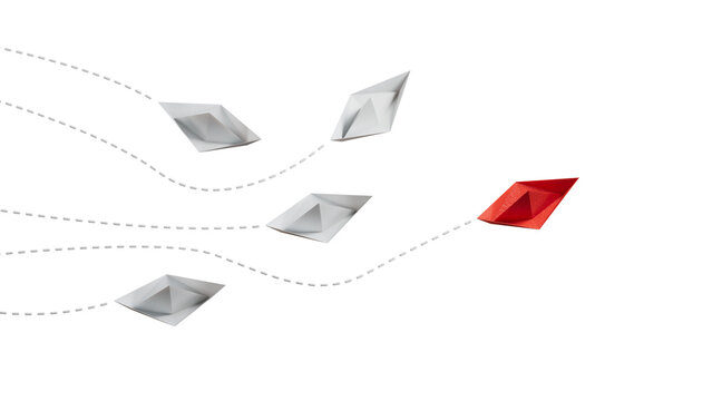 Minimalist stile red paper ship show direction for white ones. Leader, boss, manager, winner concept.Supports PNG files with transparent backgrounds.