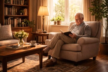 Obraz premium Senior man relaxing in a comfortable armchair, reading a book by the window light in a cozy living room, experiencing moments of quiet contemplation and domestic comfort