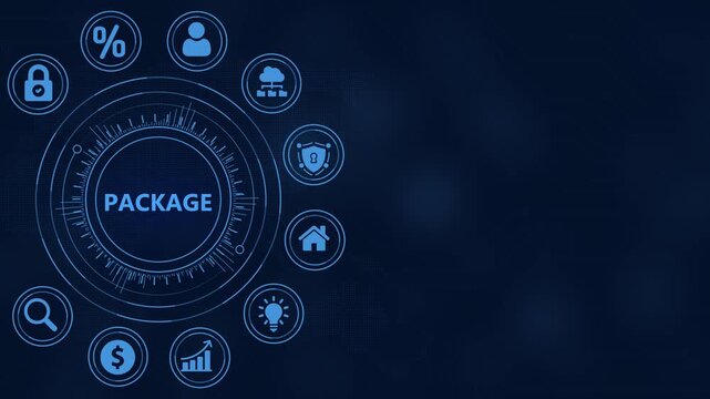 Digital Technology Concept with Central Word PACKAGE and Surrounding Icons on Dark Blue Background