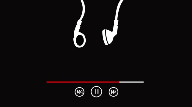 Animated music interface with sound bars and media control buttons on black background. for use in music, audio, or streaming content. 4K Video