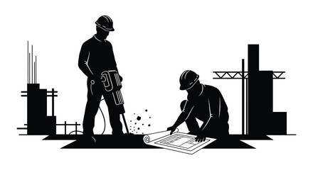 Construction workers operating machinery and reviewing blueprints against a backdrop of building structures a striking silhouette high quality professional detailed modern © Creativekhairul02