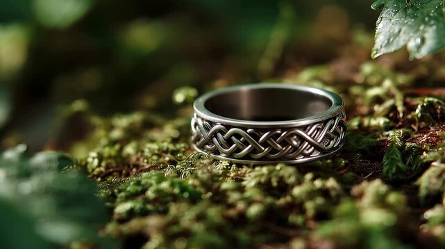 Silver Celtic ring on green moss in natural light with leaves surrounding it