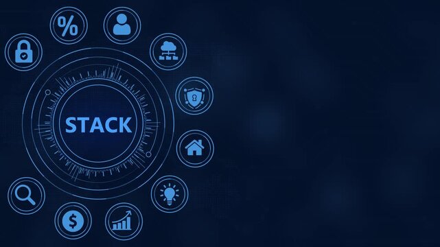 Digital Technology Concept with Central Word STACK and Surrounding Icons on Dark Blue Background