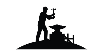 A construction worker stands atop a hill holding a hammer near stacked stones a distinct silhouette high quality professional detailed modern © Creativekhairul02