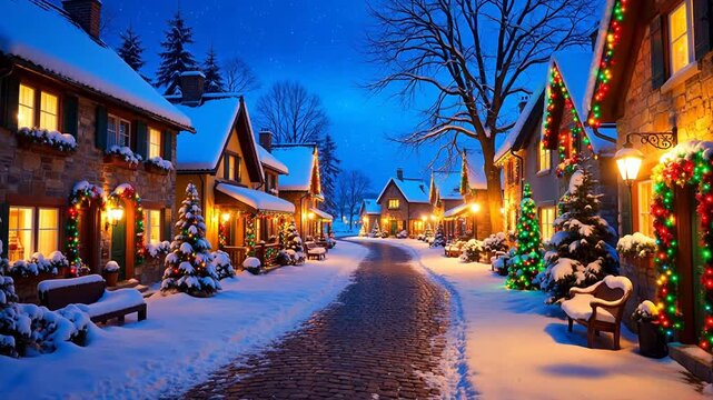 Snowy Christmas village street at night