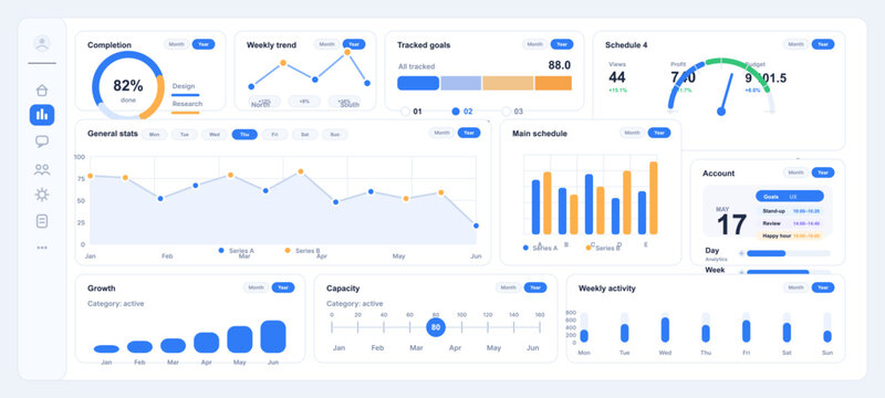Clean minimal analytics dashboard interface with progress charts, schedule widgets, activity graphs, gauges, and business tracking panels in a modern light blue UI layout.